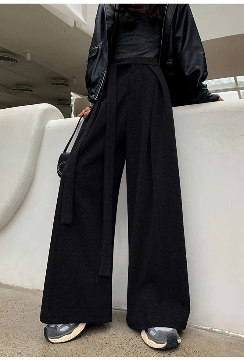 MEXZT Woolen Wide Leg Pants Women Fashion Lace Up Black Baggy Suit Pants Winter Streetwear Korean Casual Straight Trousers New