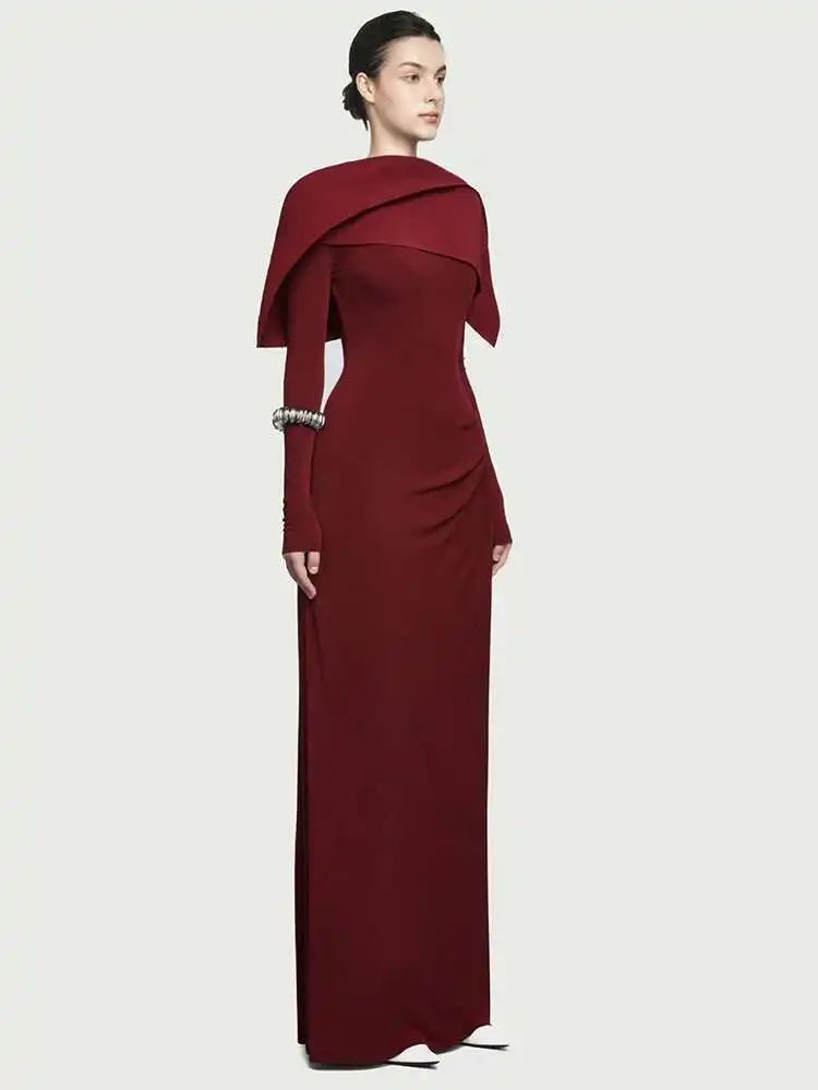 DEAT Elegant Dress Pleated Asymmetrical Cape Long Sleeve Contrast Color Women's Evening Party Dresses 2026 Spring New 35Z1621