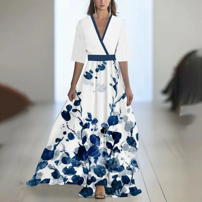 Robes Woman Elegant Floral Print Patchwork Maxi Dress Sexy V Neck High Waist Long Dress Spring Puff Sleeves Loose Bohemian Dress