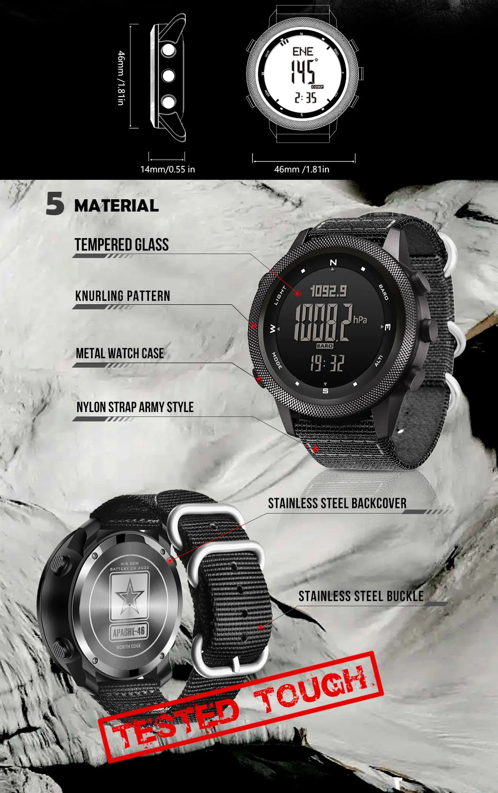 NORTH EDGE Smart Watch For Men Altimeter Barometer Thermometer Compass Military Digital Clock Outdoor Smartwatch Waterproof 50m