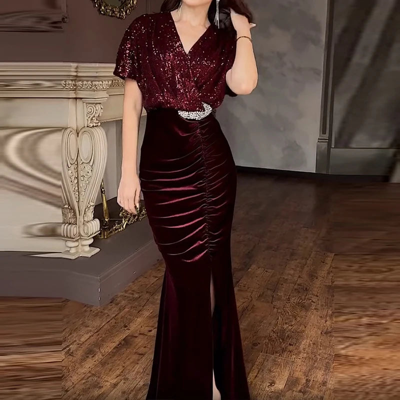 Sexy Elegant Sequin Velvet Slimming Party Dresses Women V Neck Sparkling Ball Gathering Club Split Long Dress Women Clothing
