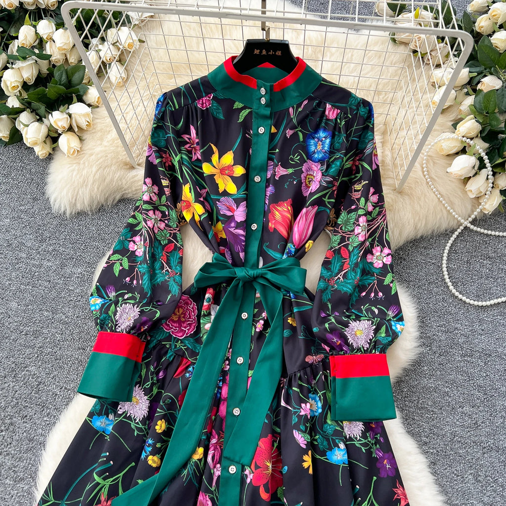 Elegant Long Sleeves Vintage Stand Collar Chic Single Breasted Print Bandage Slim Long Dress High Street Autumn Winter Clothing