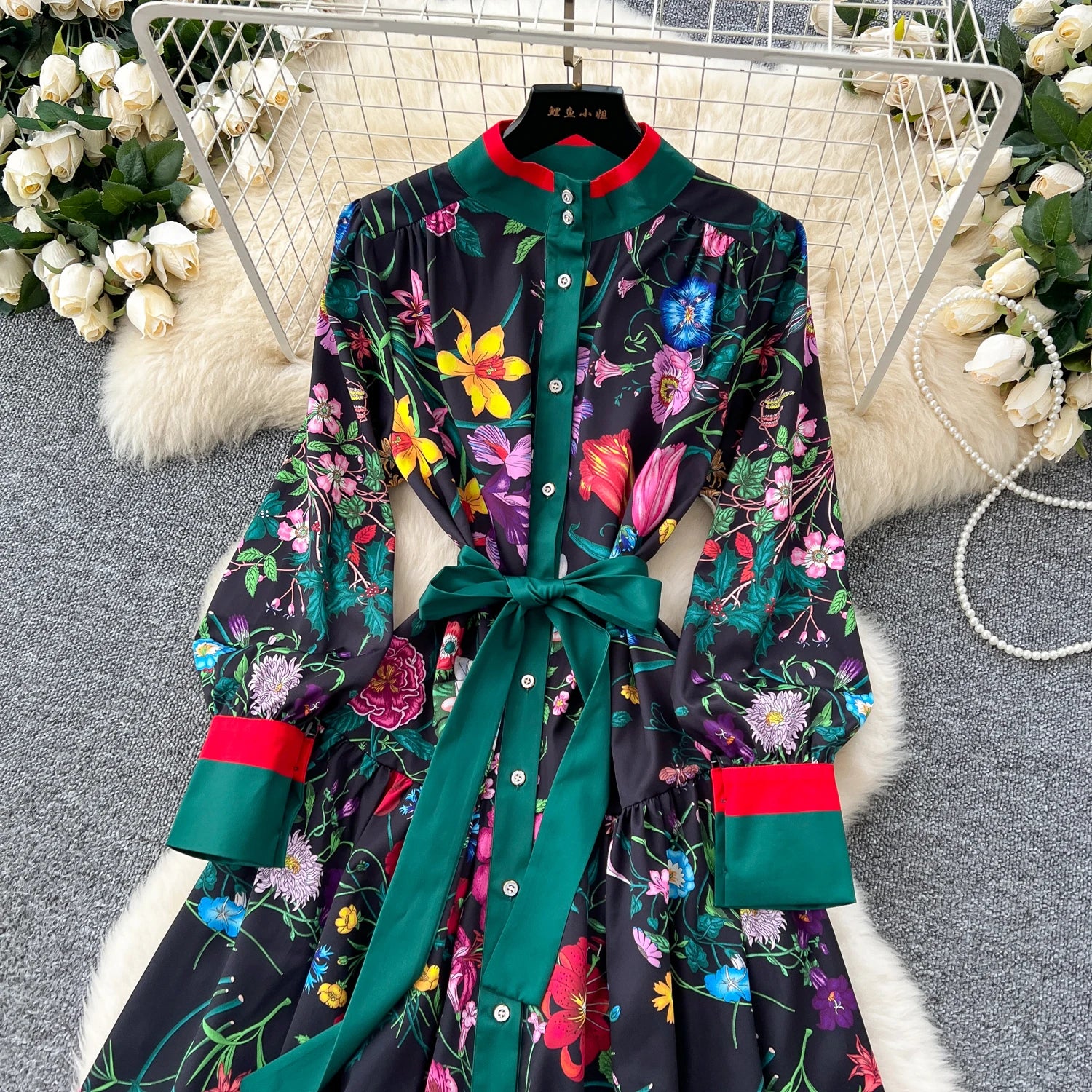 Elegant Long Sleeves Vintage Stand Collar Chic Single Breasted Print Bandage Slim Long Dress High Street Autumn Winter Clothing