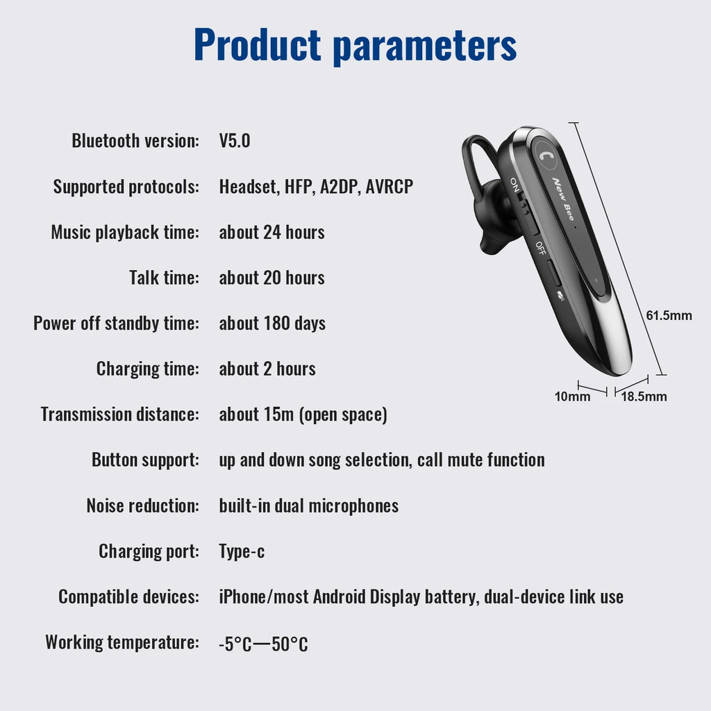 New Bee B45 Wireless Bluetooth Headset Earphones V5.0 Headphones with Dual Mics CVC8.0 Hands-Free Earpiece for Driving Business