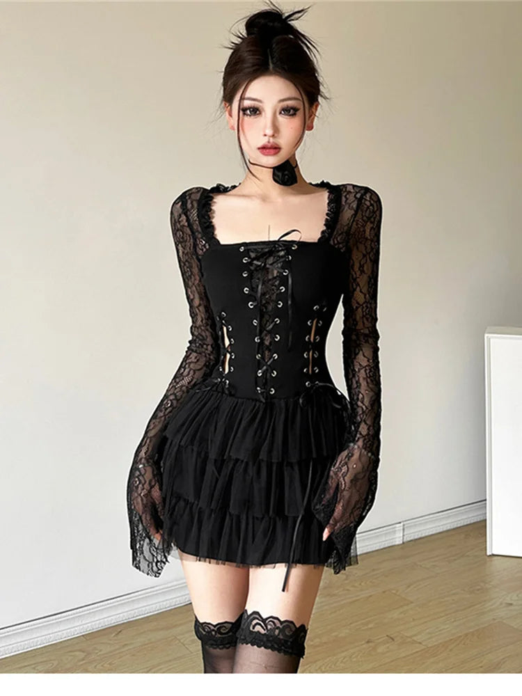 Nibber Black Retro Mysterious Lace Sexy Mature Beautiful Sweet Gentle Personality Women Drawstring Laminated Ruffled Tutu Dress