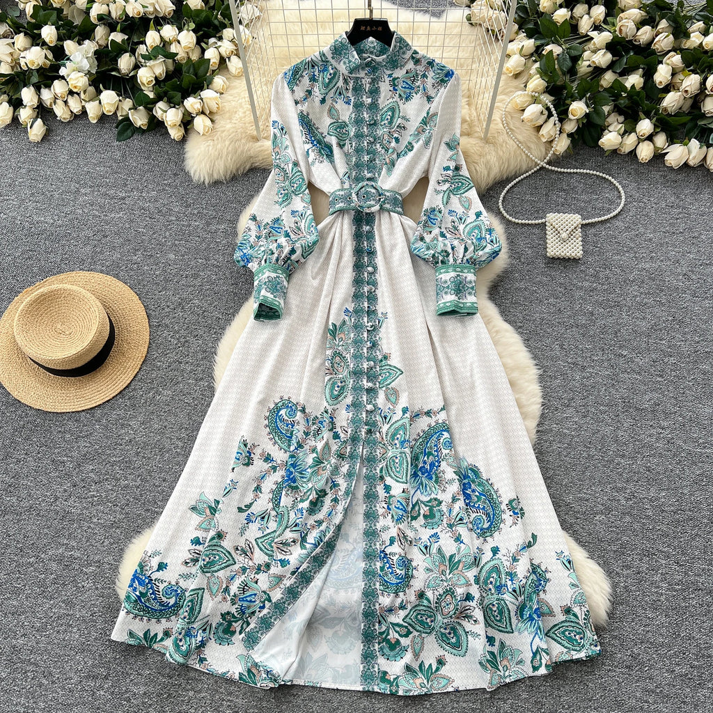 Elegant Long Sleeves Vintage Stand Collar Chic Single Breasted Print Bandage Slim Long Dress High Street Autumn Winter Clothing