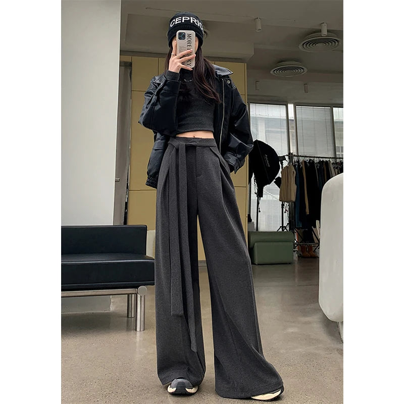 MEXZT Woolen Wide Leg Pants Women Fashion Lace Up Black Baggy Suit Pants Winter Streetwear Korean Casual Straight Trousers New