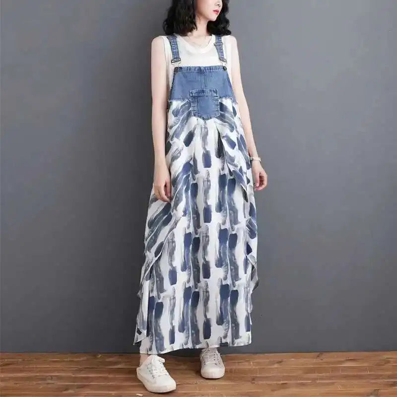 [EWQ] Sweet Women's Denim Dress Patchwork Contrasting Print Design Big Zise Casual Clothing Beautiful Sing Dresses 16O1075
