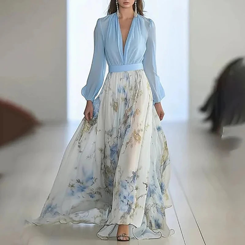 Robes Woman Elegant Floral Print Patchwork Maxi Dress Sexy V Neck High Waist Long Dress Spring Puff Sleeves Loose Bohemian Dress