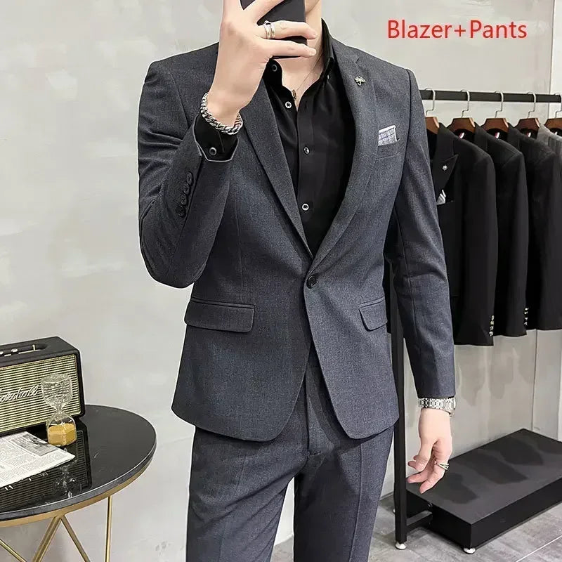 ( Blazer + Pants ) High End Brand Plaid Men's Casual Formal Office Business Suit Groom Wedding Dress Slim Suit Jacket Trousers