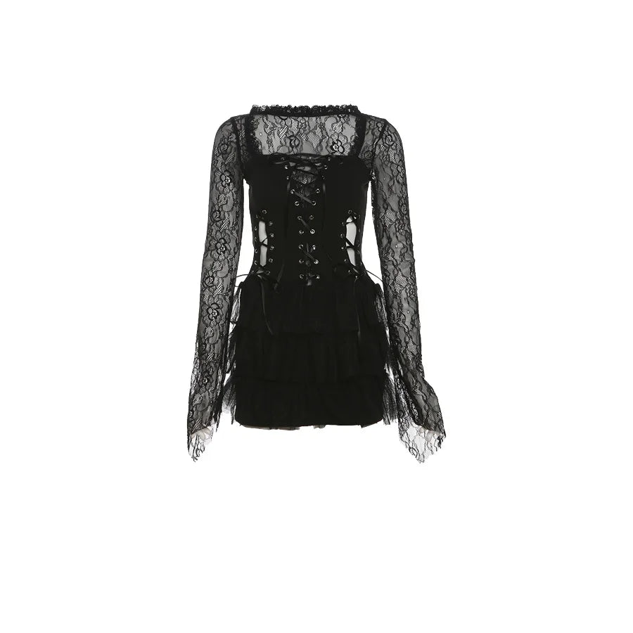 Nibber Black Retro Mysterious Lace Sexy Mature Beautiful Sweet Gentle Personality Women Drawstring Laminated Ruffled Tutu Dress