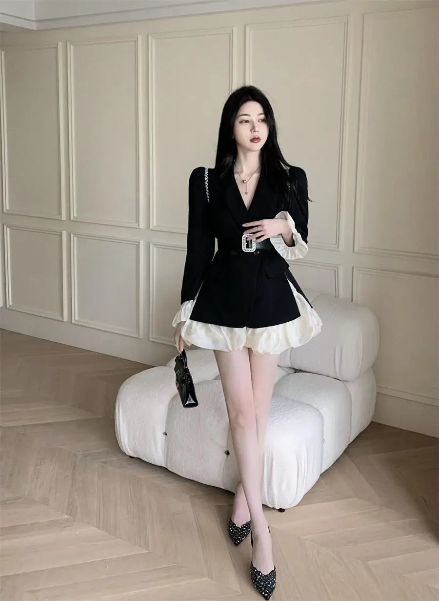 Neploe Temperament Lace Up Waist Slim Dress Sets High Waist Ruffle Edge Patched Sleeves Ropa Mujer Sexy Feminino Chic Women Sets