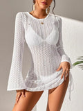 Women's New Spring, Summer and Autumn Cut Out Crochet Side Drawstring Blouse Dress (Bikini Not Included)