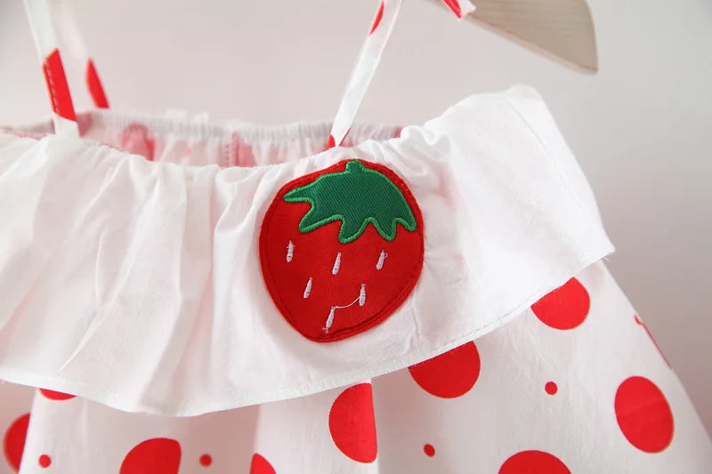 New Two-Piece Halter Strawberry Print Polka Dot Bloomers For Baby Girls Casual Summer Two-Piece Sweet Princess Dress