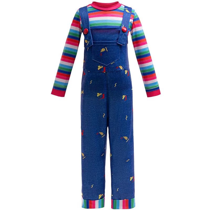 Girls' Long sleeved Rainbow stripes Denim overalls Dress jumpsuit Children's Casual two-piece Set Halloween cosplay Skirt 1-8