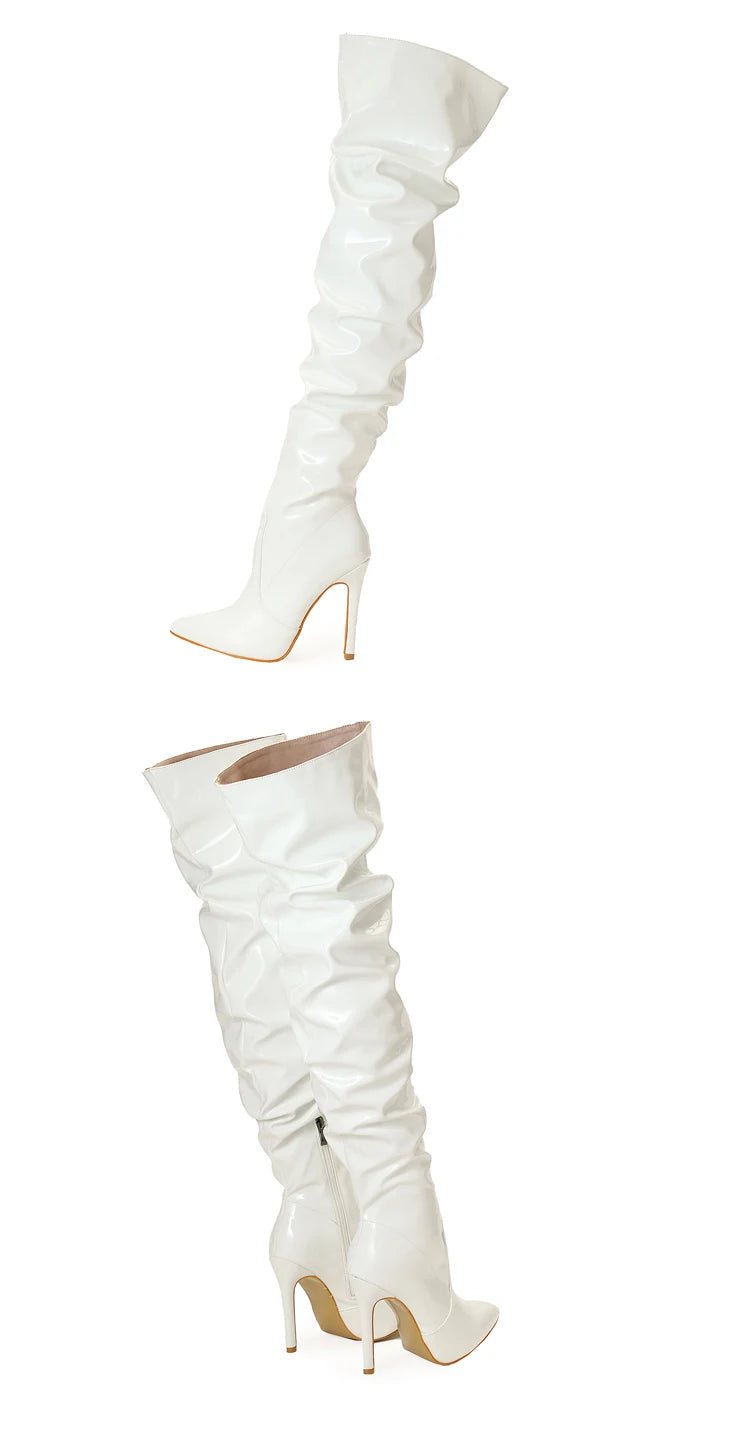 Eilyken High Quality Pleated Patent Leather Motorcycle Over The Knee Boots Women Fashion Pointed Toe Zip Thigh High Lady Shoes