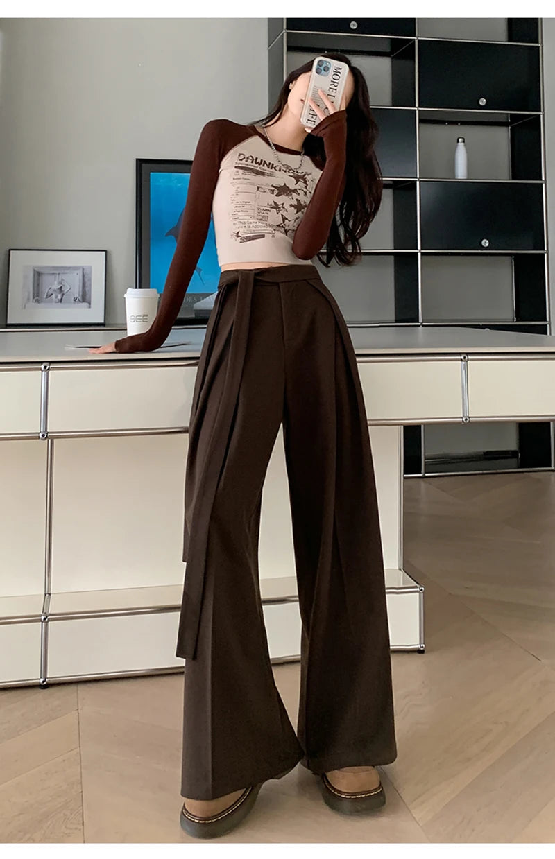 MEXZT Woolen Wide Leg Pants Women Fashion Lace Up Black Baggy Suit Pants Winter Streetwear Korean Casual Straight Trousers New