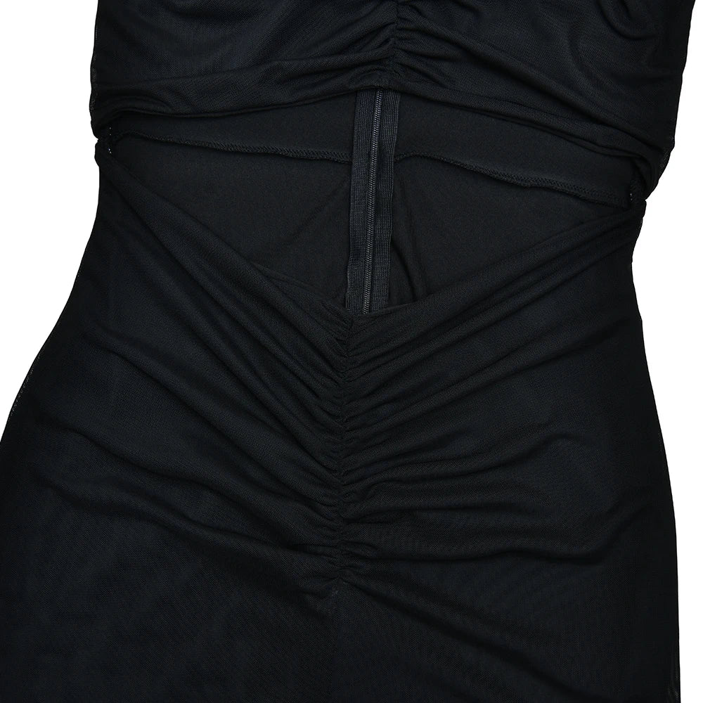 JULISSA MO Sexy Hollow Out Turtleneck Women Maxi Dress Coffee Short Sleeve See Through Mesh Bodycon Elegant Party Evening Dress
