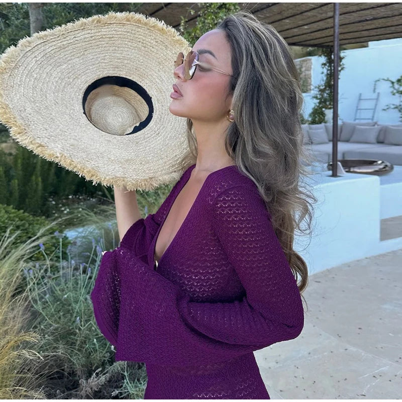 Sexy Hollow Out Knitted Dress Women Metal Ring Long Flare Sleeve Split Solid Maxi Dress Female 2025 V-neck Slim Lady Party Robes