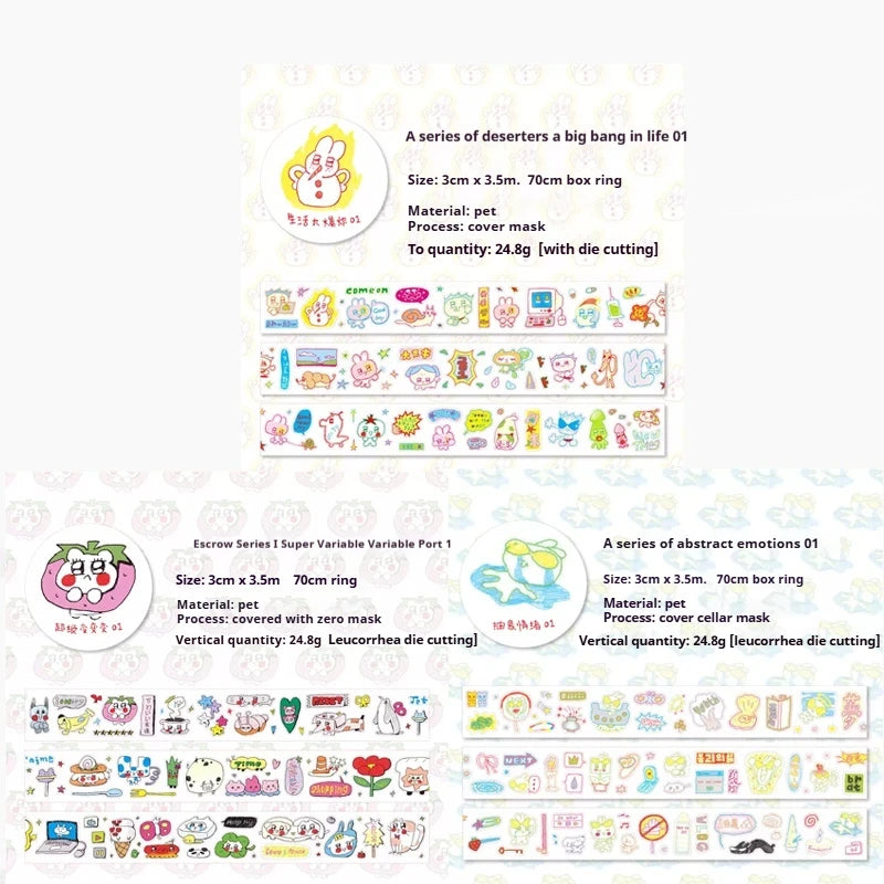 Kawaii Film-Cutting Pet Sticker Tape Agugu Korean Cute Washi Tape Decor Hand Account Decorative Material 3style Die-Cutting Tape