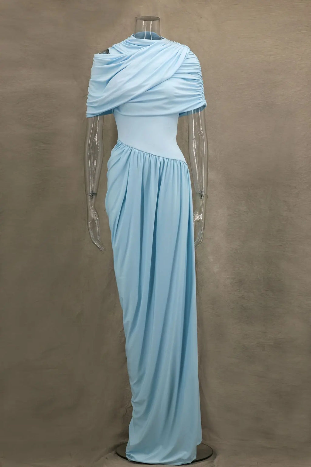 Elegant Shawl Ruched Asymmetrical Maxi Women Dress Summer Light Blue Slim Light Blue Party Dress Female Chic Evening Prom Gowns
