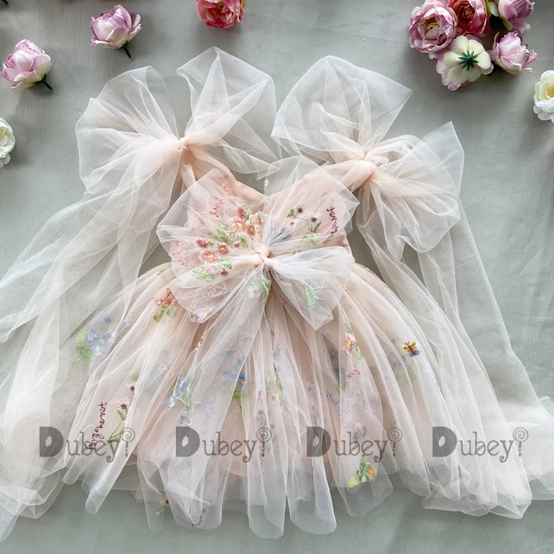 2026 Baby Embroidery Dress Girl Summer Dress Floral Bows Sleeveless Ballarina Dance Performance Dress Girls Tutus Clothes