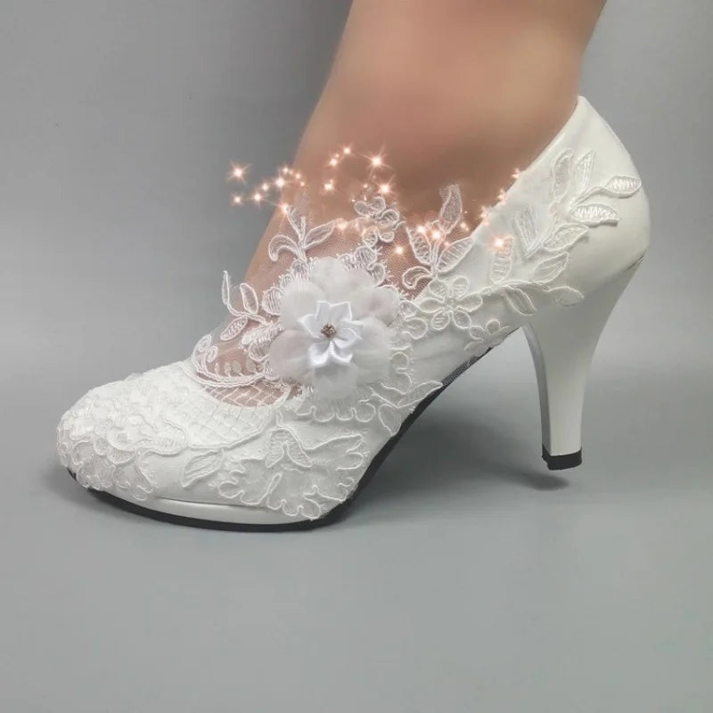 Spring new round-toe waterproof platform lace rhinestone low-heel wedding shoes thin high-heeled dress large-size women's shoes