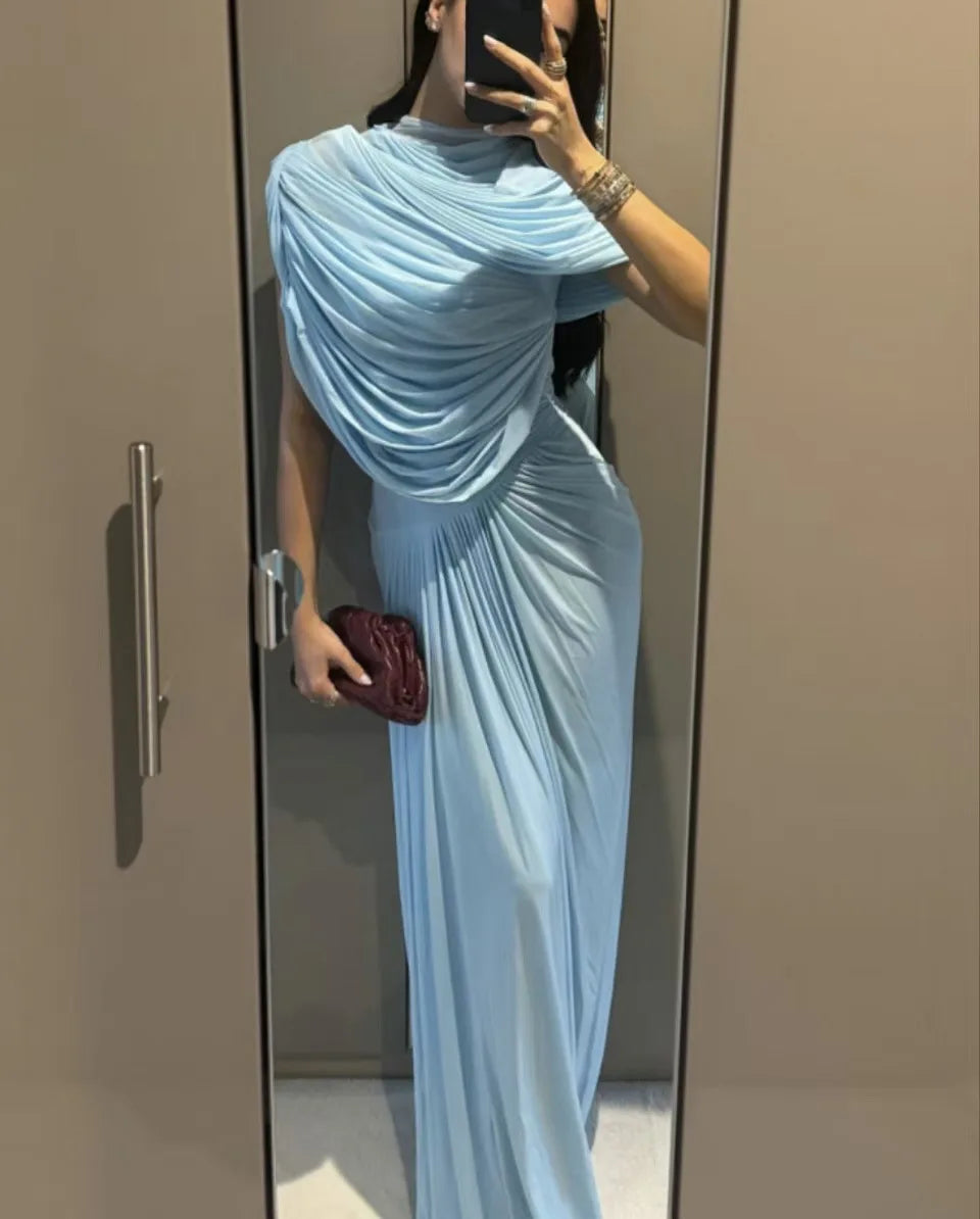 Elegant Shawl Ruched Asymmetrical Maxi Women Dress Summer Light Blue Slim Light Blue Party Dress Female Chic Evening Prom Gowns