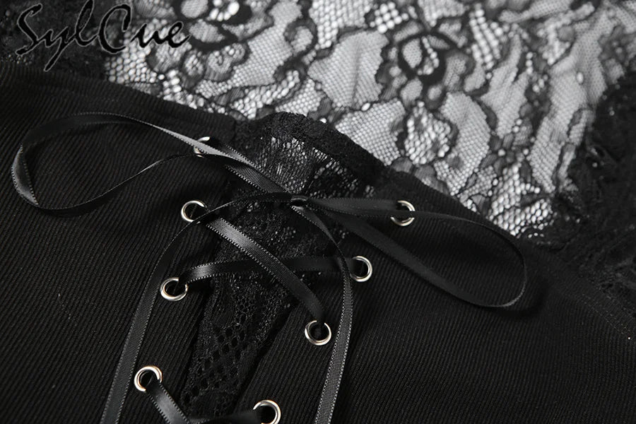 Nibber Black Retro Mysterious Lace Sexy Mature Beautiful Sweet Gentle Personality Women Drawstring Laminated Ruffled Tutu Dress