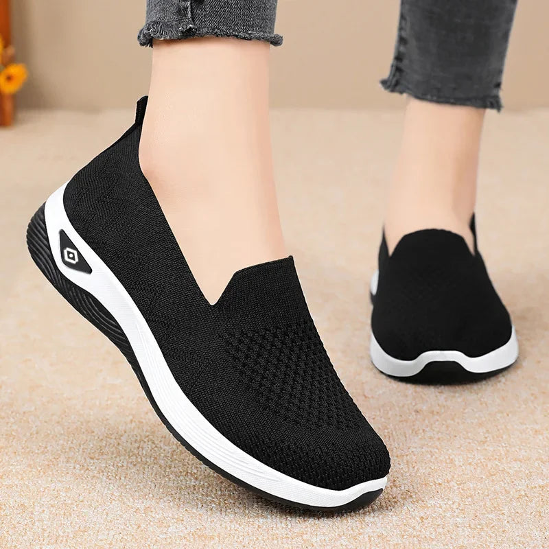 Women's Solid Color Breathable Sneakers, Soft Sole Lightweight Slip On Walking Shoes, Low-top Knitted Casual Shoes