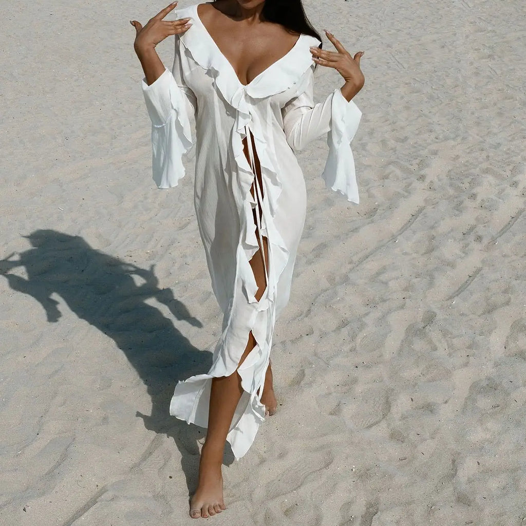 New Sexy V Neck Black White Ruffled Long Sleeve Chiffon Tunic Beach Cover Up Cover-ups Dress Sunscreen Beachwear Womens Clothing