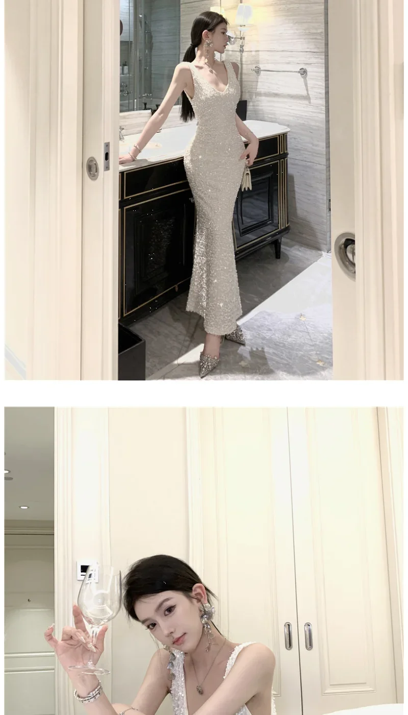 Heavy Industry Sequin V-neck Sling Dress Women's Autumn Slim Dress Temperament Fishtail Hip-wrapped Long Dresses