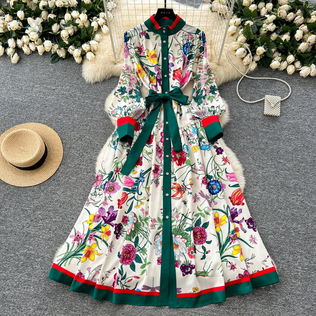 Elegant Long Sleeves Vintage Stand Collar Chic Single Breasted Print Bandage Slim Long Dress High Street Autumn Winter Clothing