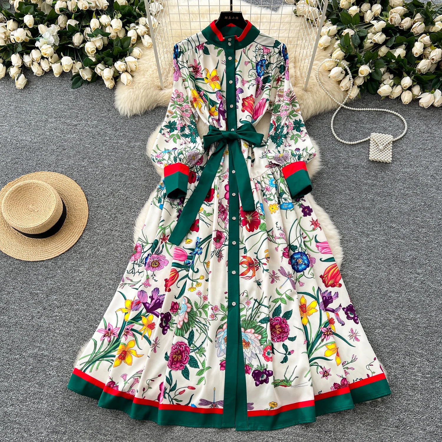 Elegant Long Sleeves Vintage Stand Collar Chic Single Breasted Print Bandage Slim Long Dress High Street Autumn Winter Clothing