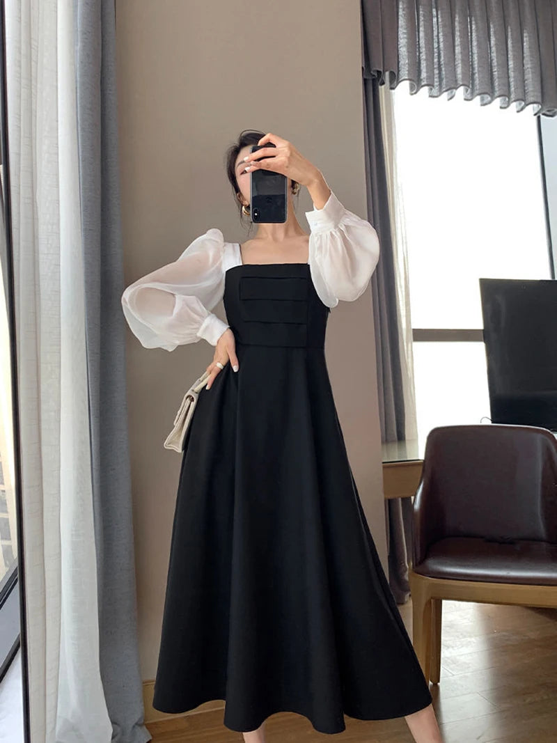 Korean Black Dress Women Elegant Fashion Summer Office Ladies High Waist Dress Chiffon Patchwork Square Collar A Line Vestidos