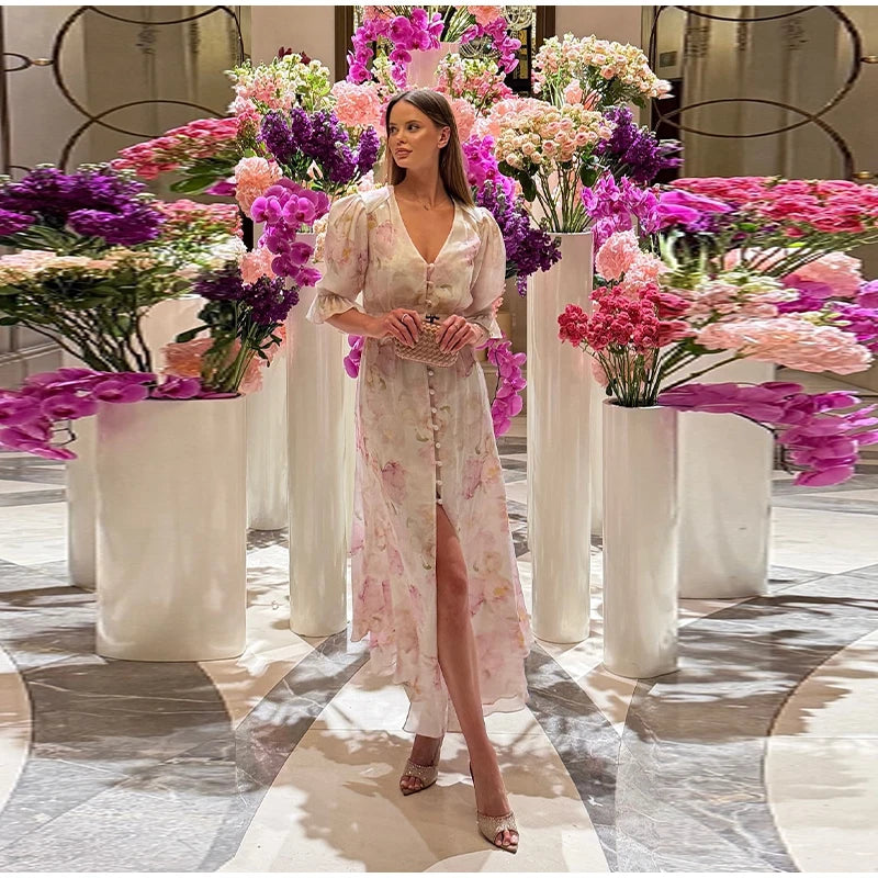 Elegant Printed Maxi Dress Women Half Sleeve V-Neck Button Waist-Closed Hip Package Ruffle Dresses 2026 Spring Summer Lady Robe