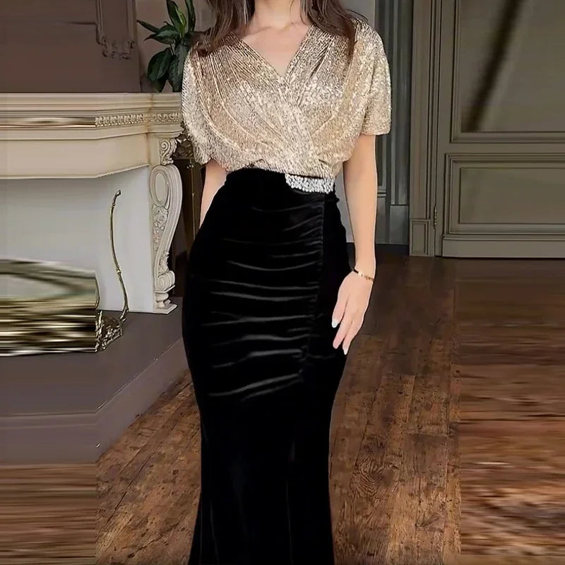 Sexy Elegant Sequin Velvet Slimming Party Dresses Women V Neck Sparkling Ball Gathering Club Split Long Dress Women Clothing