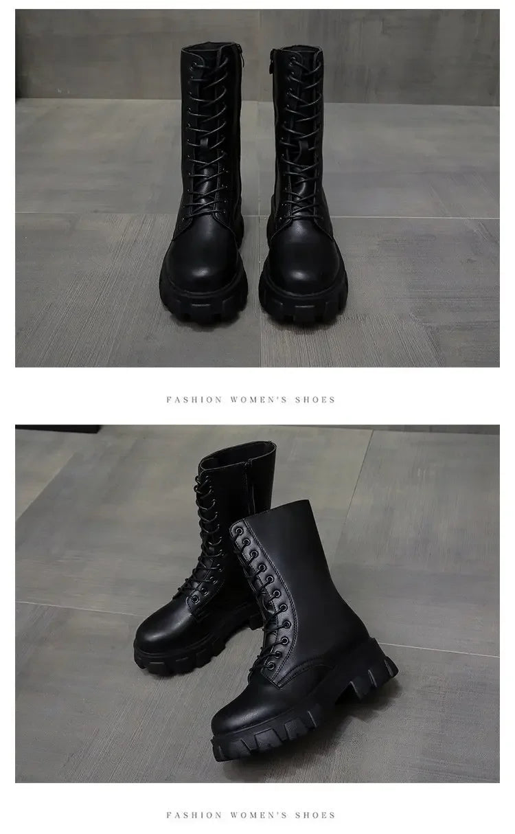 2024 Winter Shoes Women White Boots Autumn Fashion PU Leather Platform Gothic Boots Punk Combat Mid-Calf Boots For Women Booties