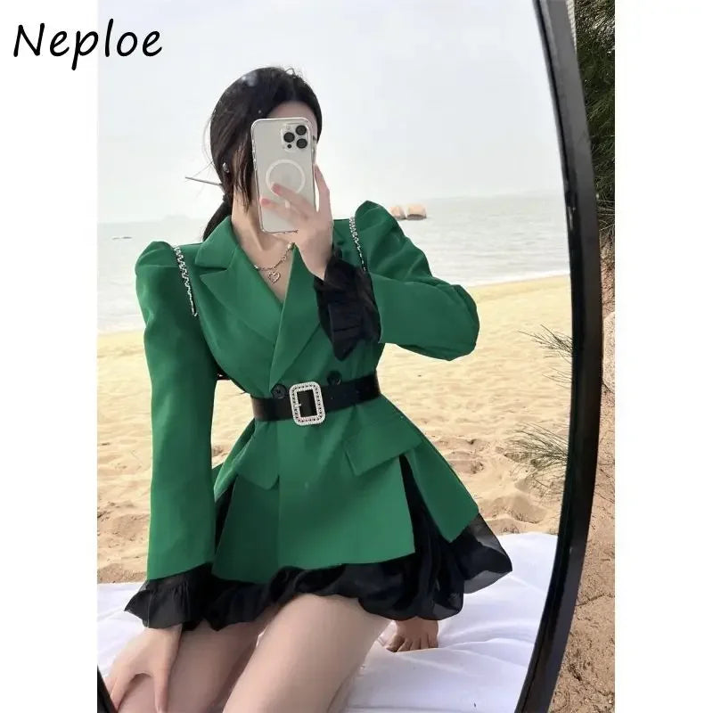 Neploe Temperament Lace Up Waist Slim Dress Sets High Waist Ruffle Edge Patched Sleeves Ropa Mujer Sexy Feminino Chic Women Sets