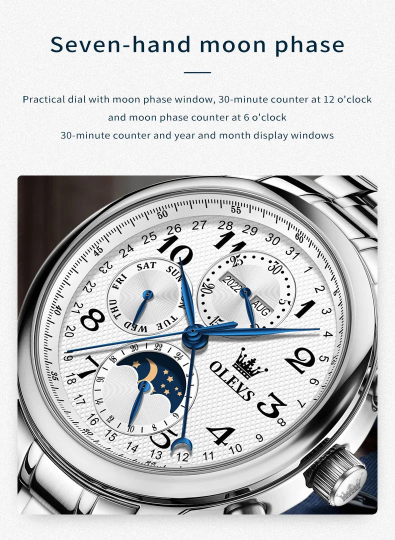OLEVS Top Brand Luxury Automatic Mechanical Men Watches Moon Phase Steel Dress Fashion Business Waterproof Watch Reloj Hombre