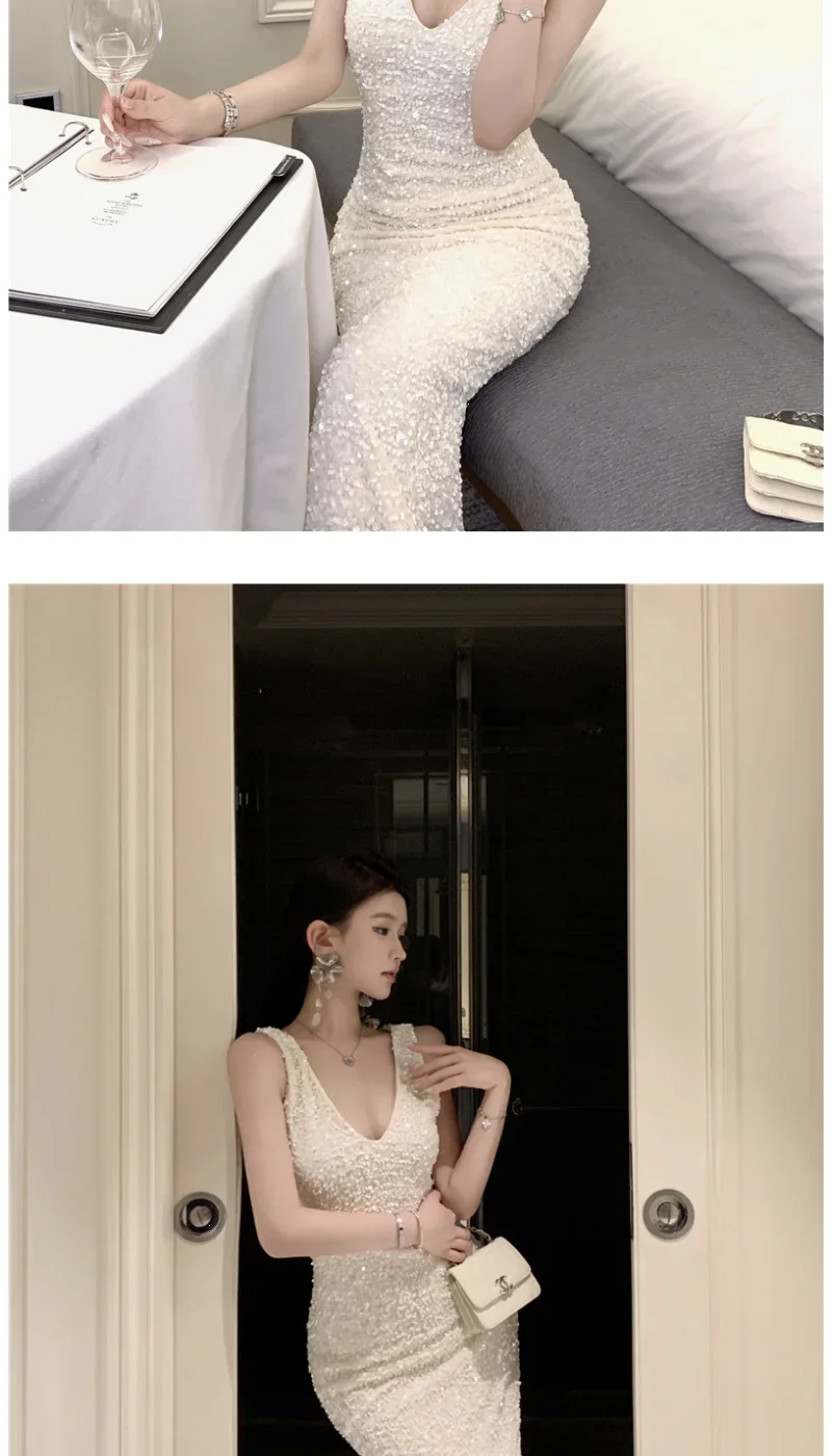 Heavy Industry Sequin V-neck Sling Dress Women's Autumn Slim Dress Temperament Fishtail Hip-wrapped Long Dresses