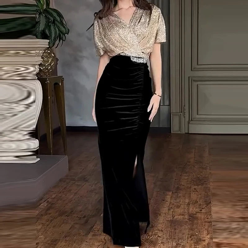 Sexy Elegant Sequin Velvet Slimming Party Dresses Women V Neck Sparkling Ball Gathering Club Split Long Dress Women Clothing