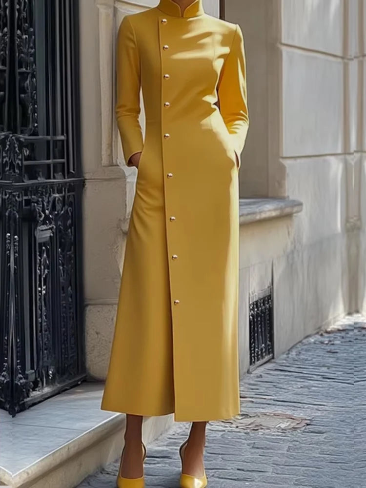 Solid Color Dress for Women 2025 Stand Collar Long Sleeves Single-breasted H-Line Midi Dress Autumn Fashion High Street Dress