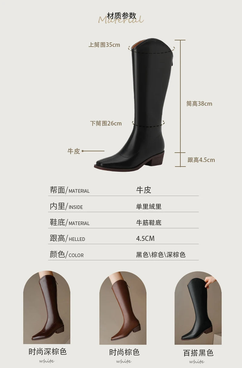 Kaky's New Square Head Cowhide Mid Heel Genuine Leather Cowhide Women's Boots High Sleeve Boots Long Boots Western Boots