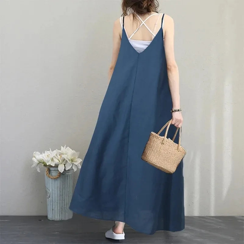Women Loose Slip Dress Sexy V Neck Backless Sleeveless Solid Baggy Beachwear Holiday Party Dresses Oversized JYFS-4652