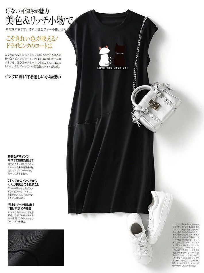 Women Summer Kawaii Cat Print Dress Korean Fashion Aesthetic Clothes Casual Streetwear Black Loose Midi Dresses for Women 2023