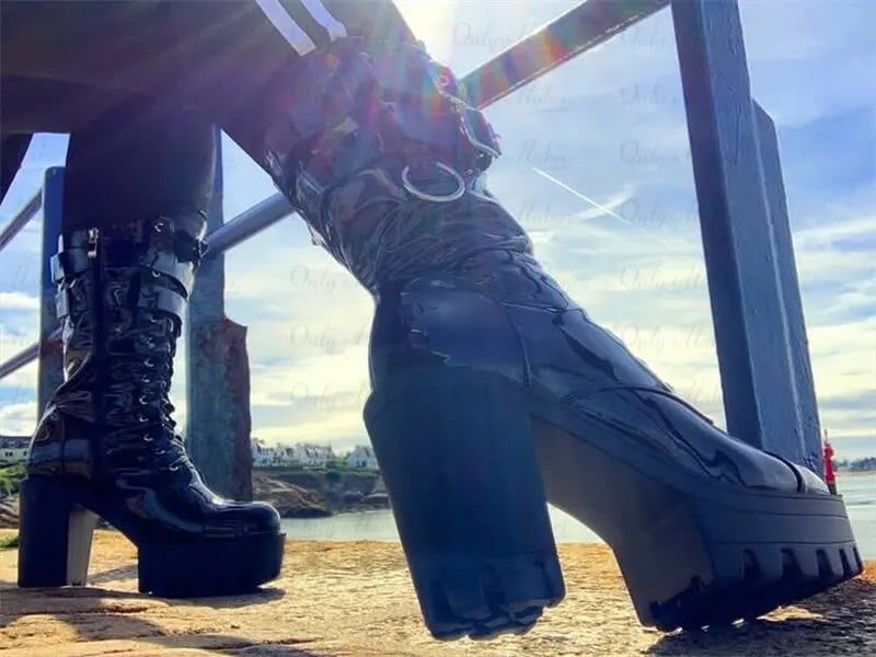 Onlymaker Women Black Platform Punk Boots Patent Leather Lace Up Mid Calf Chunky High Heels Side Zip  Motorcycle Boots