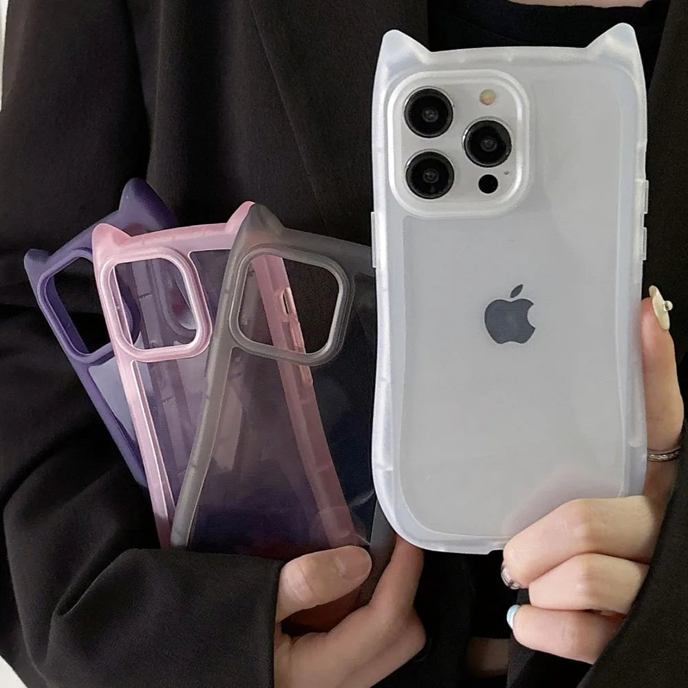 Korea Cute 3D Cat Ear Transparent Phone Case For iPhone 11 12 13 14 15 16 Pro Max Matte Silicone Shockproof Protective Cover