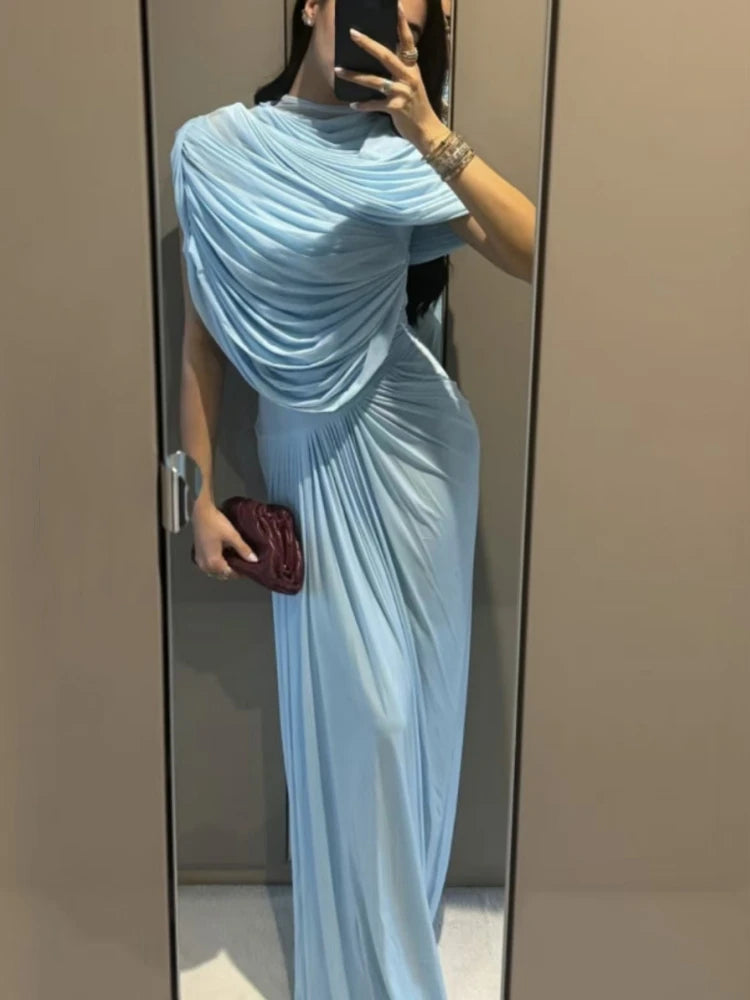 Elegant Shawl Ruched Asymmetrical Maxi Women Dress Summer Light Blue Slim Light Blue Party Dress Female Chic Evening Prom Gowns