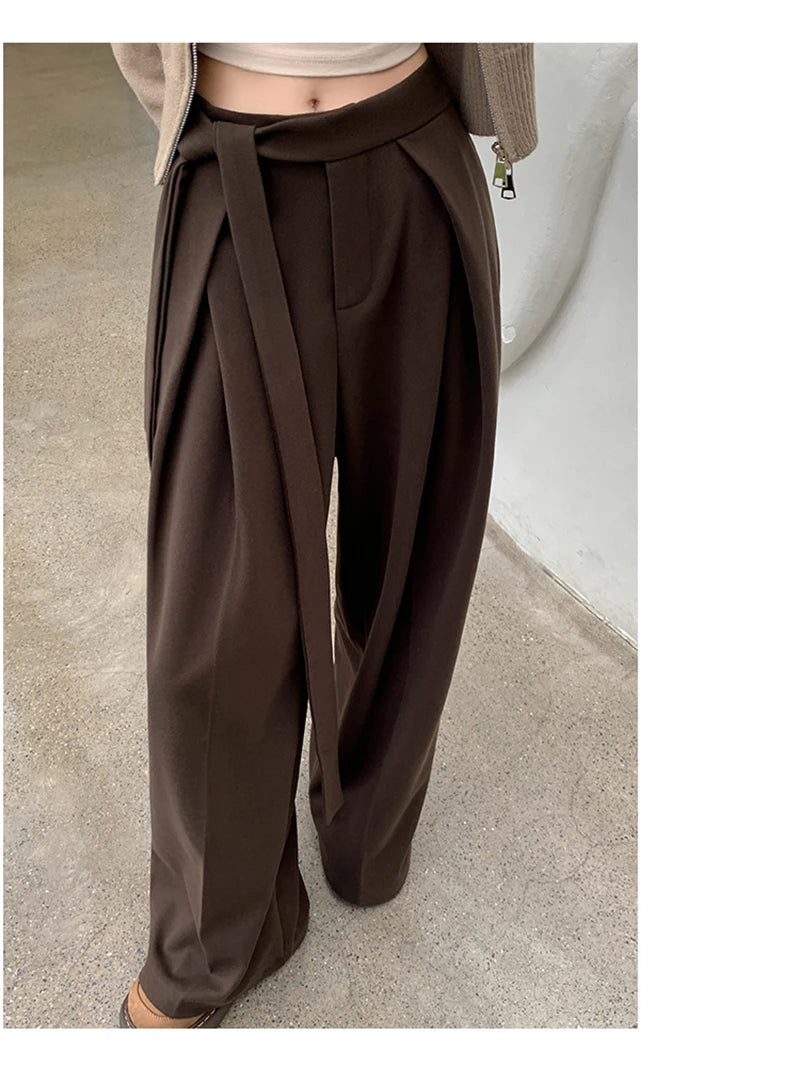 MEXZT Woolen Wide Leg Pants Women Fashion Lace Up Black Baggy Suit Pants Winter Streetwear Korean Casual Straight Trousers New